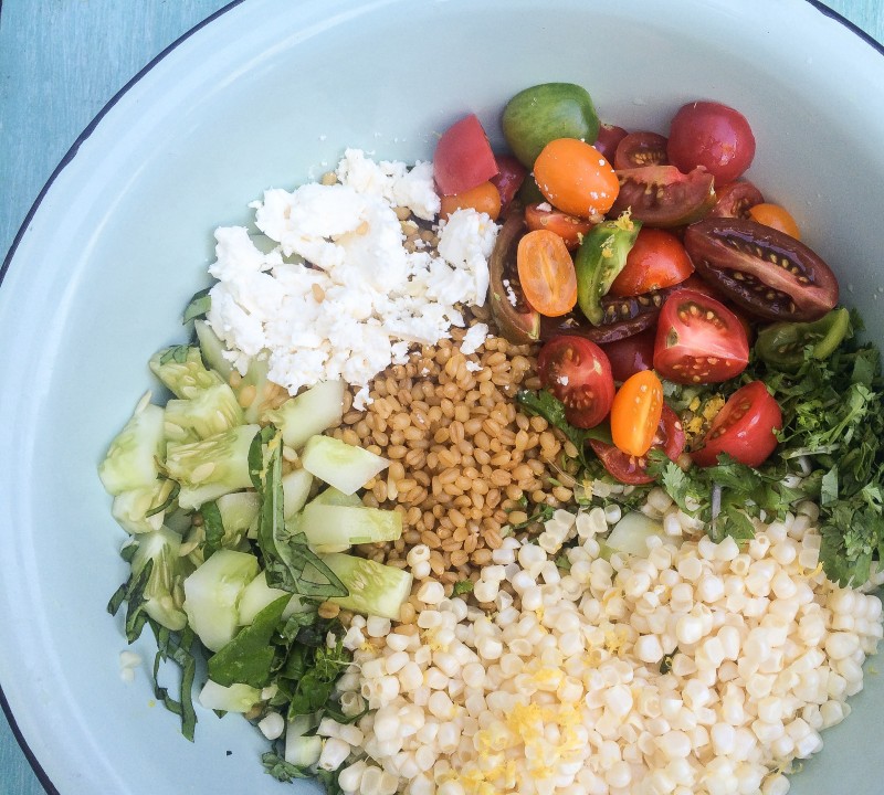 Wheatberry Salad with Tomatoes, Corn, and Cucumbers