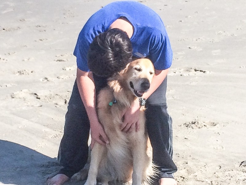 Oliver and Bailey Hugging on Oregon Coast, Rockaway Beach
