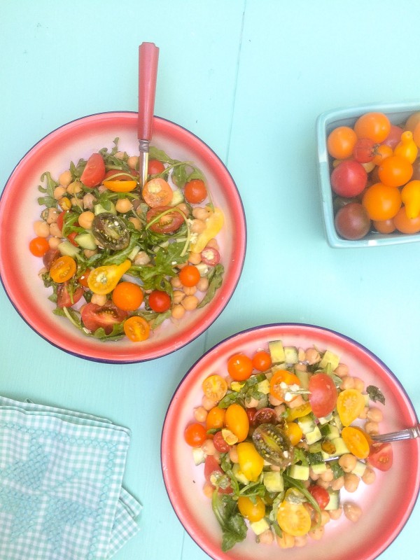 Tomato Salad with Cucumber, Chickpeas, Feta and PIstachios