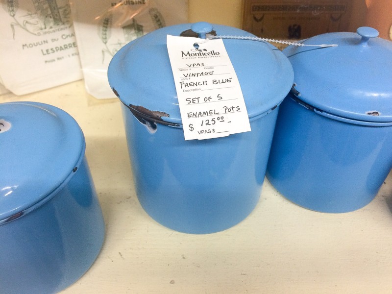 Vintage French Blue Enamel Pots, Monticello Antique Marketplace in Portland
