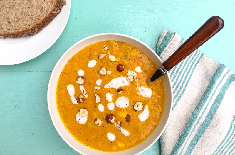 Curried Roasted Butternut Squash Soup with Yogurt and Hazelnuts