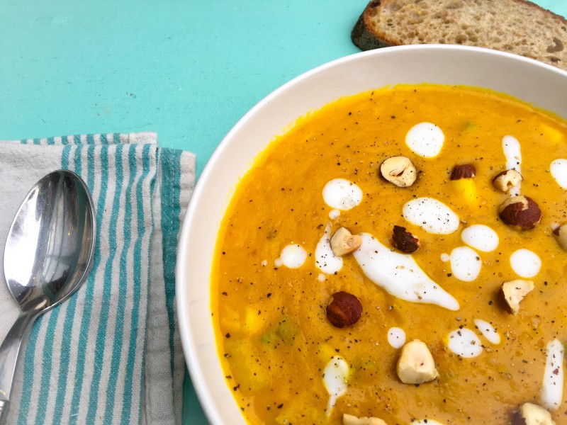 Roasted Curried Butternut Squash Soup with Hazelnuts and Yogurt