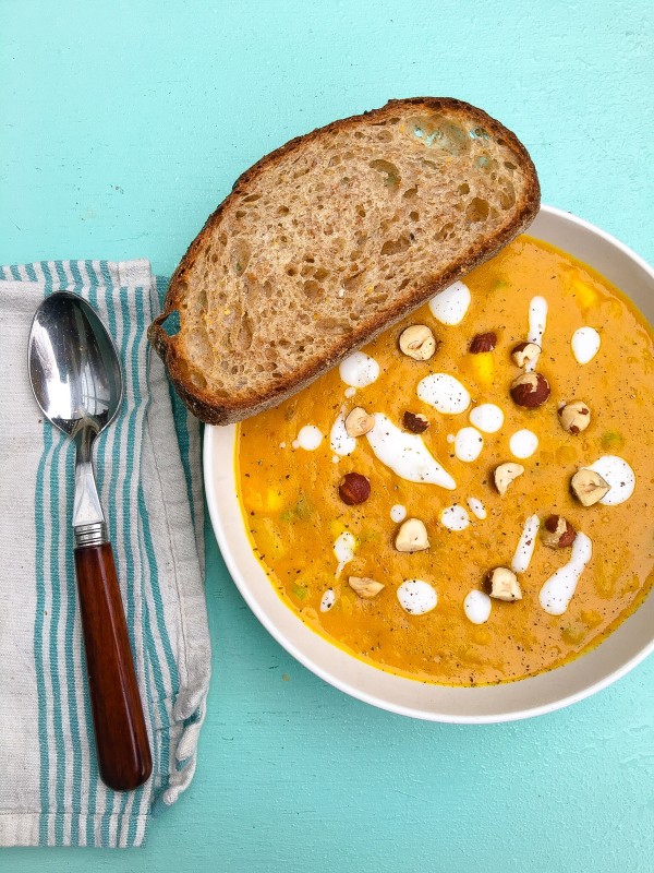 Curried Roasted Butternut Squash Soup with Yogurt and Hazelnuts