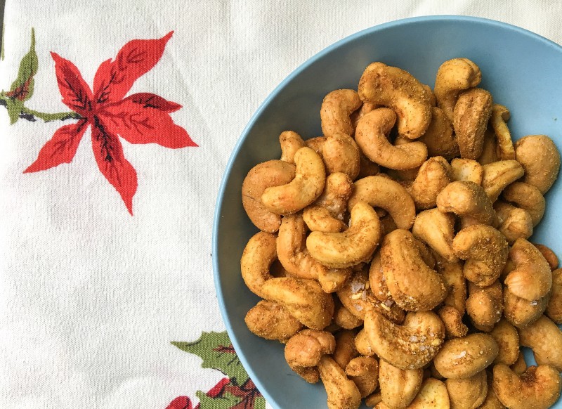 Holiday Food Gifts, Curried Cashews, Vintage Goodwill Tablecloth