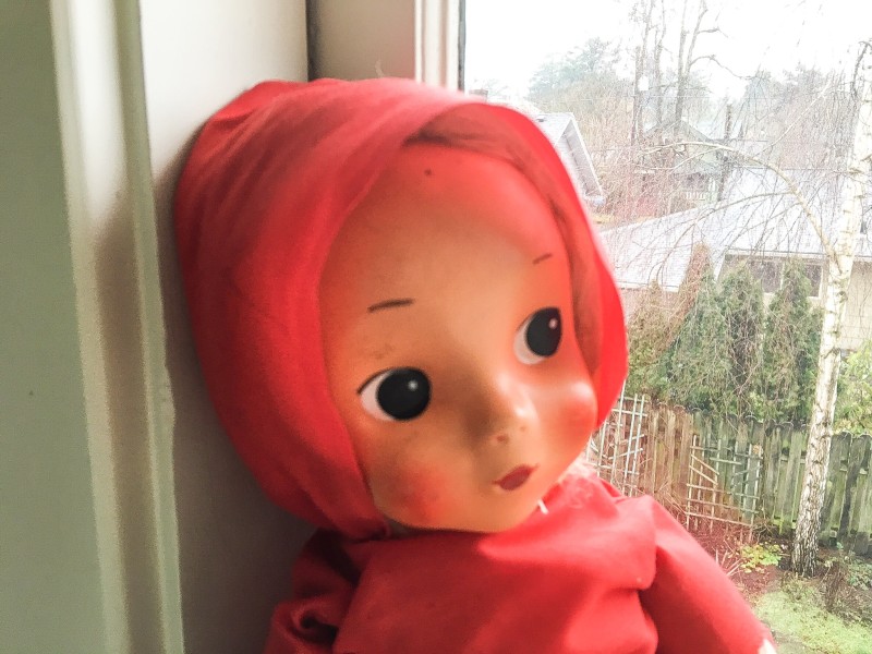 Lorelai in window -- Vintage Goodwill doll