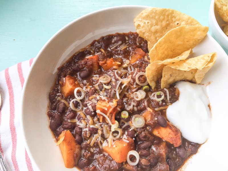 Black Bean Chili with Butternut Squash and Tortilla Chips