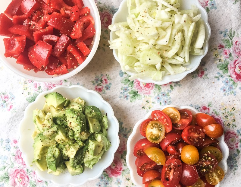 Prep for White Bean Salad with Tomatoes, Avocado, Cucumbers and Herbs